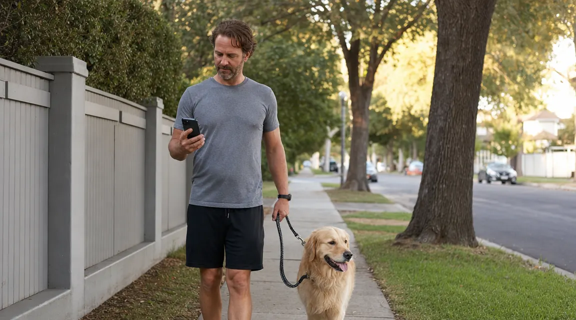 Dog and owner walking through a suburban neighborhood, owner checking iPhone with Find My app open