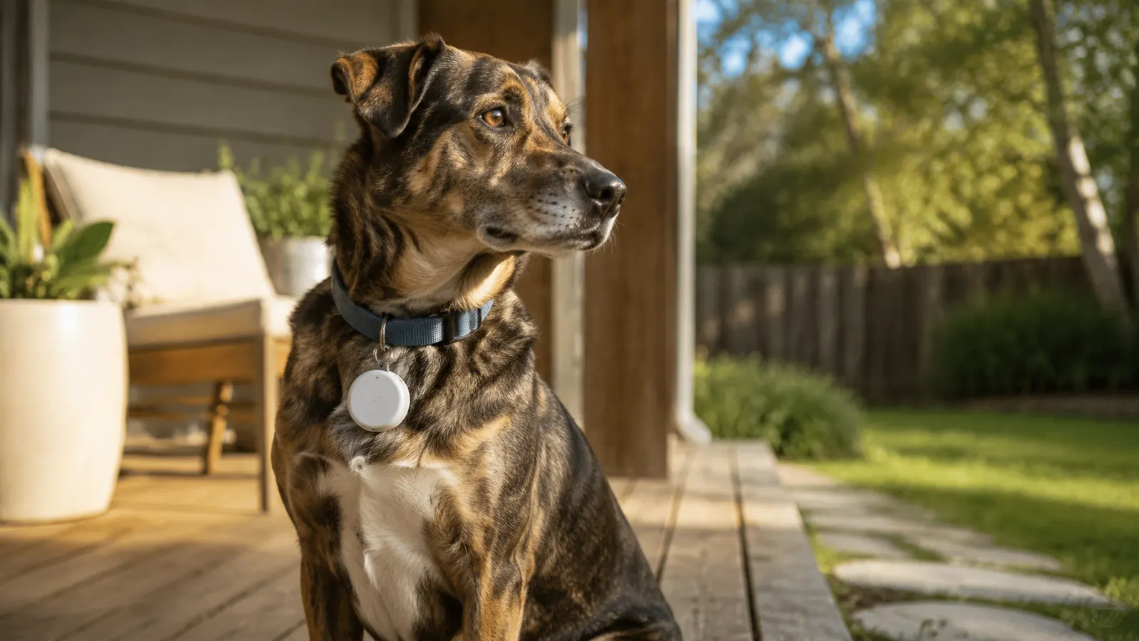 Dog wearing a collar with an Apple AirTag holder sitting on a sunny porch