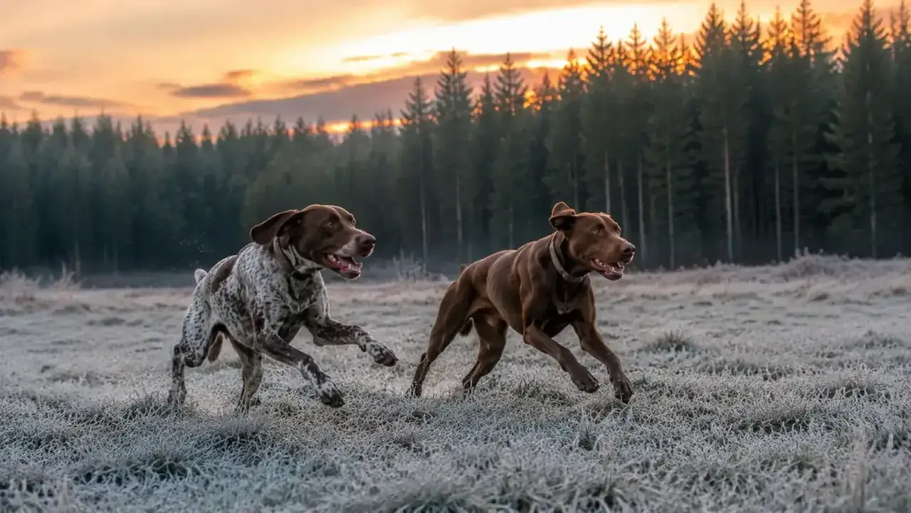 Two hunting dogs running through an open field at dawn with pine forest treeline in the background