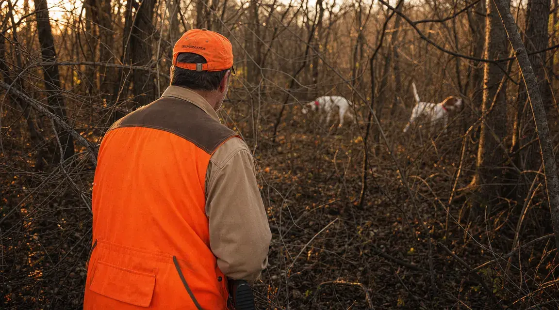 A hunter with an orange vest walking through dense autumn woods with two pointing dogs ahead in thick brush