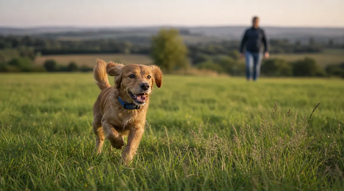Dog wearing a GPS collar running through an open field at golden hour while owner watches from a distance