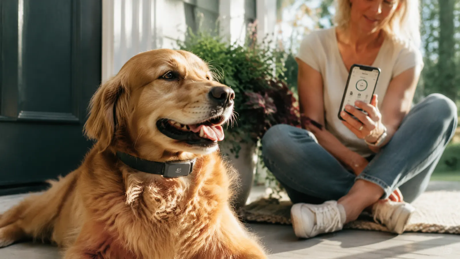 Golden retriever wearing a smart GPS collar sitting on a sunny porch, owner scrolling the Fi app on a phone