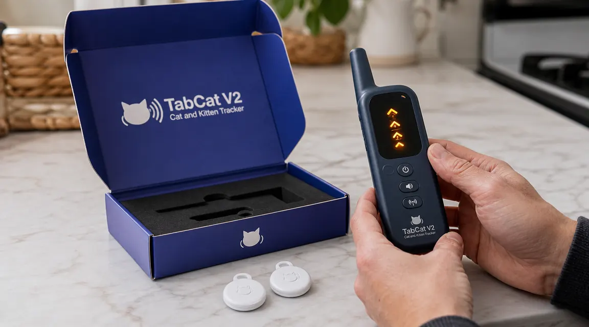 Tabcat V2 product package showing the handheld receiver and two homing tags side by side