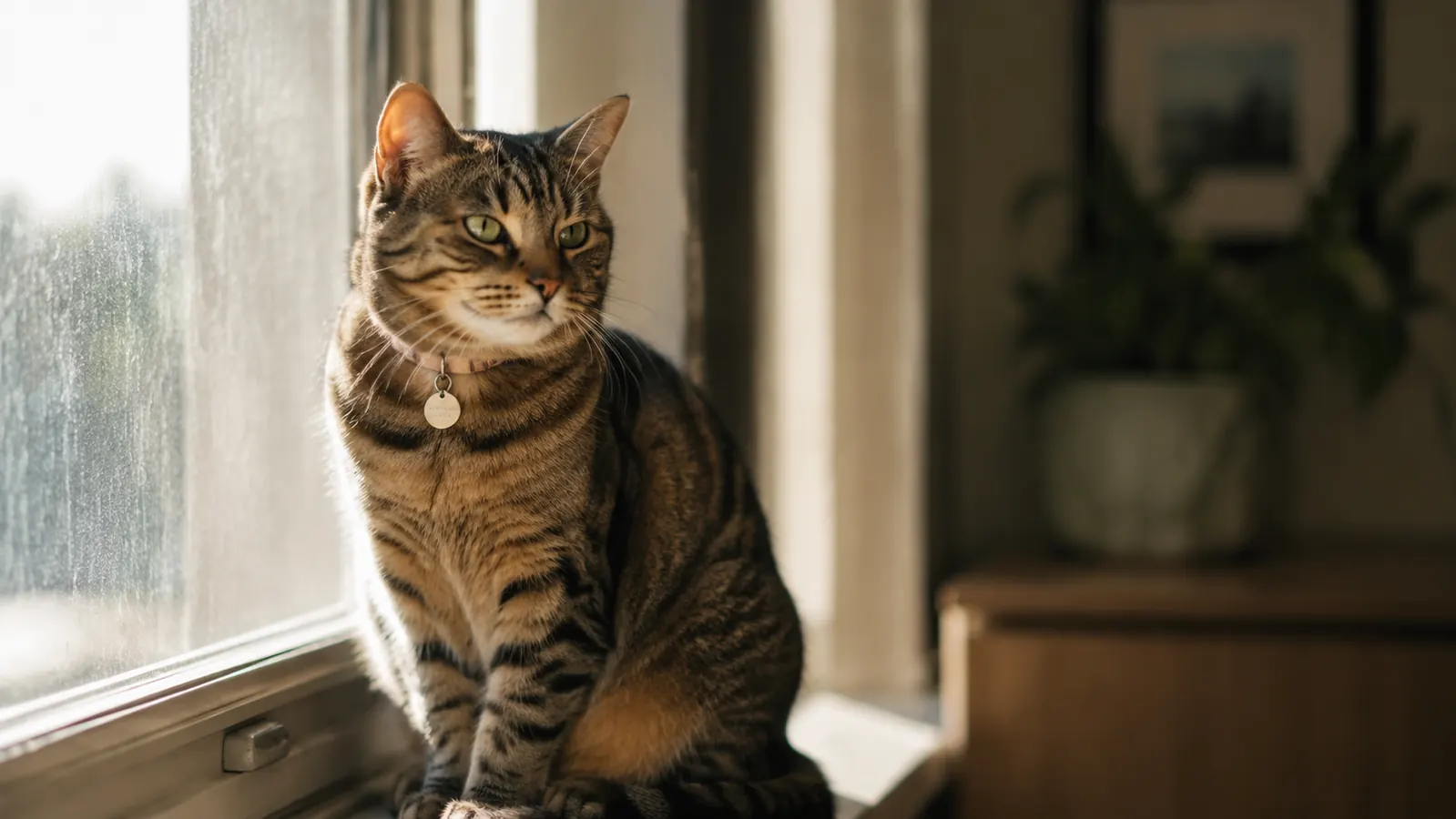 Tabby cat wearing a small homing tag on a breakaway collar, sitting on a windowsill in warm morning light