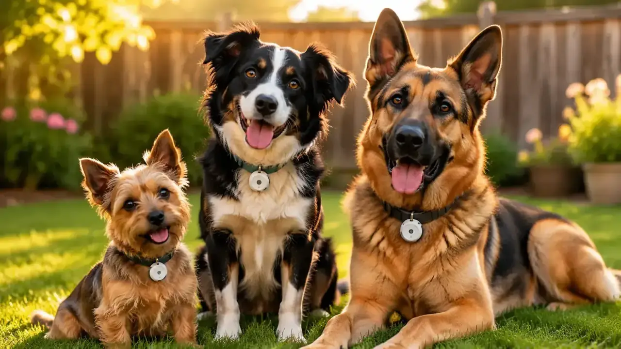 Three dogs of different sizes sitting side by side in a suburban backyard, each wearing a collar with a small white AirTag holder attached