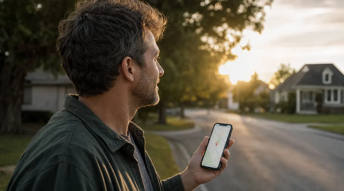 Person using iPhone with Find My app to locate a pet tag on a neighborhood map