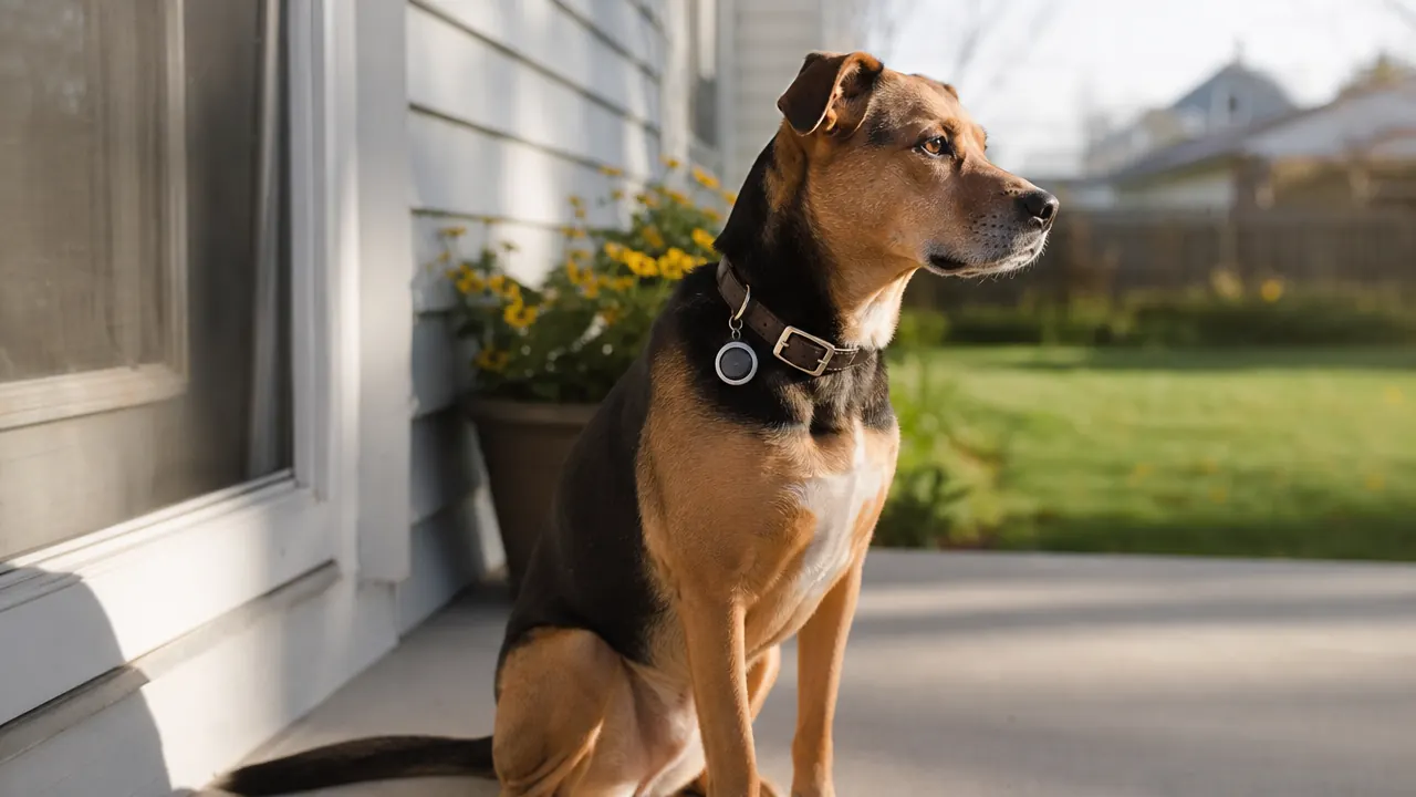 Dog wearing a collar with a small Bluetooth tracker tag sitting on a porch railing, sunlight in background