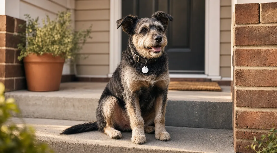 Small mixed-breed dog sitting on a suburban porch wearing a collar with an AirTag holder, soft morning light