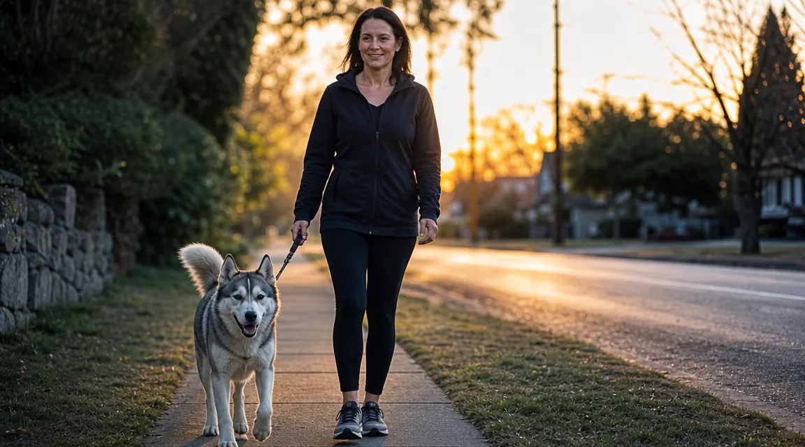 Dog owner and husky walking together on a neighborhood sidewalk in early morning