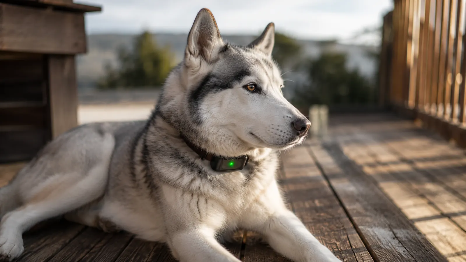 Husky dog resting on a wooden porch in soft morning light, GPS collar visible on his neck