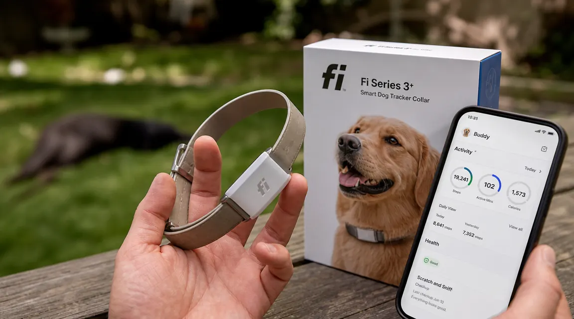 Close-up of the Fi Series 3+ collar module attached to a collar band, held in a person's hand outdoors