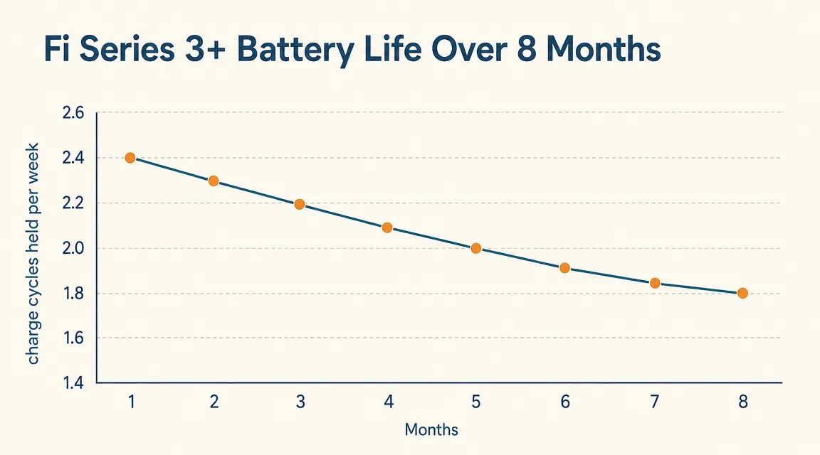 Chart showing Fi Series 3+ GPS battery life percentage declining over eight months of daily use
