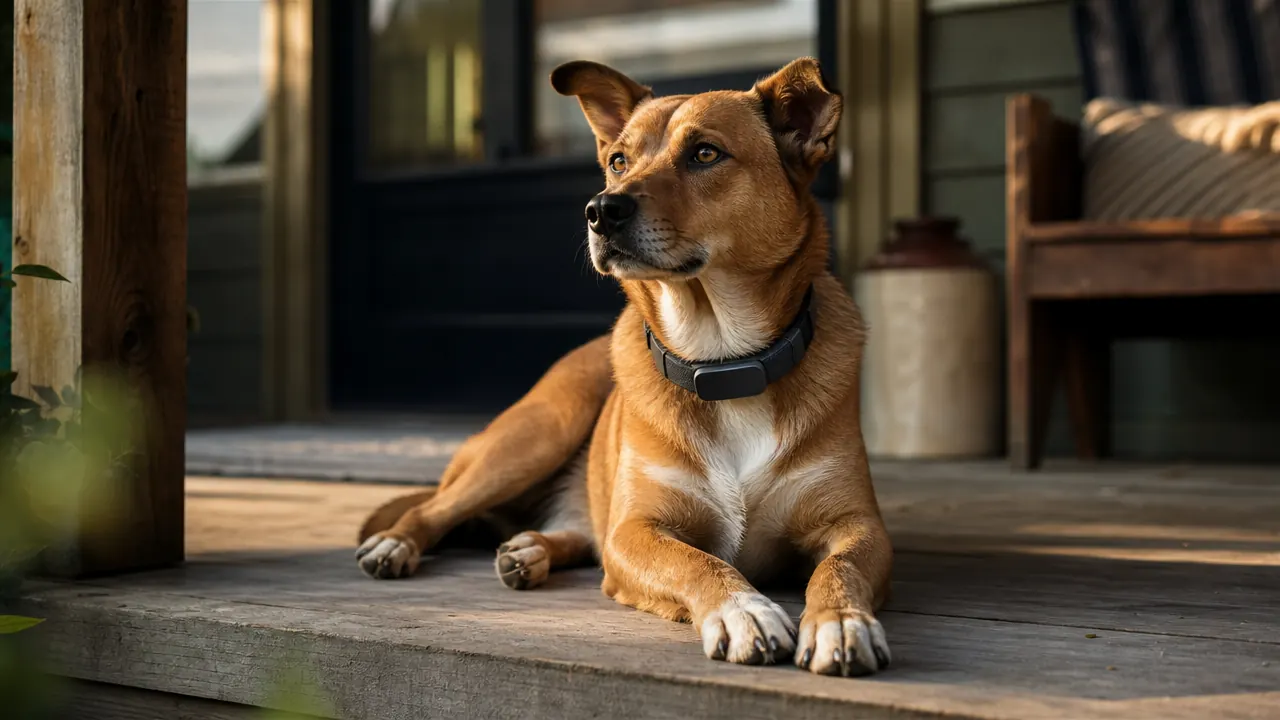 A medium-sized dog wearing a Fi Series 3+ smart collar resting on a wooden porch in morning light