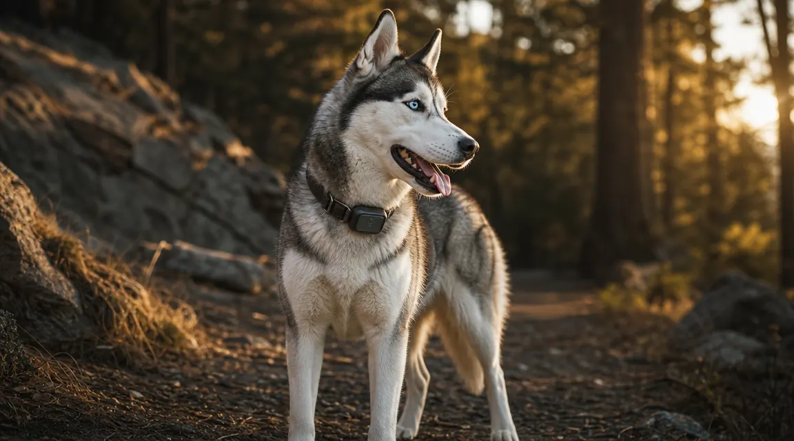 Husky wearing a Fi Series 3+ smart collar standing on a sun-dappled trail