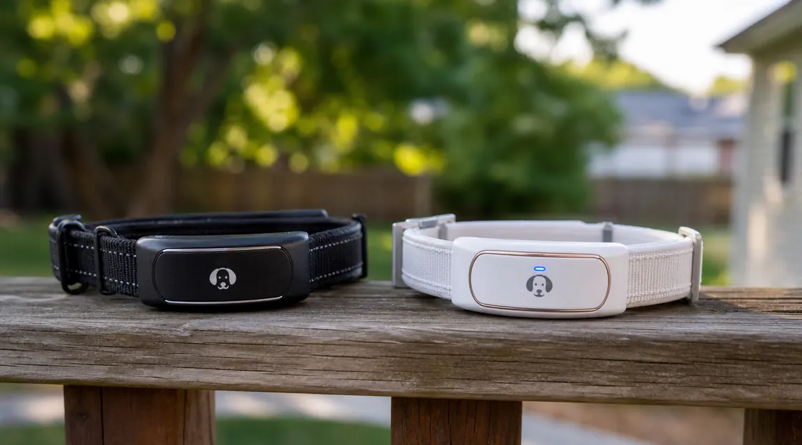Two smart GPS dog collars side by side on a wooden surface outdoors with a blurred green yard in the background