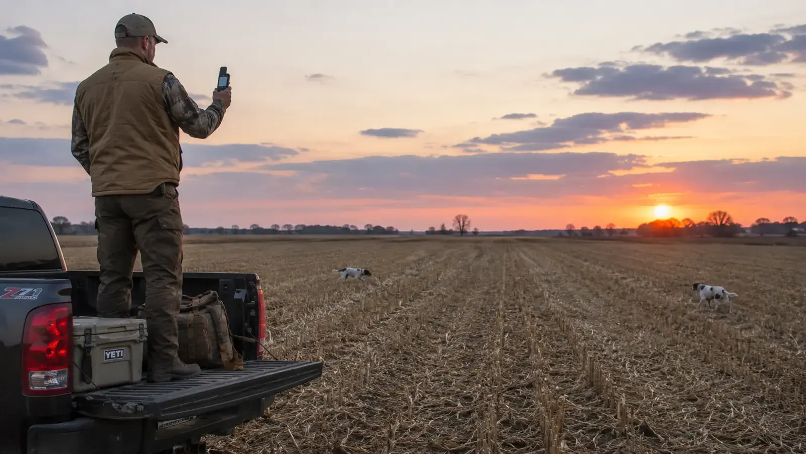 Two hunting dogs working a field edge at sunset, handler watching from a truck bed with a Garmin handheld unit