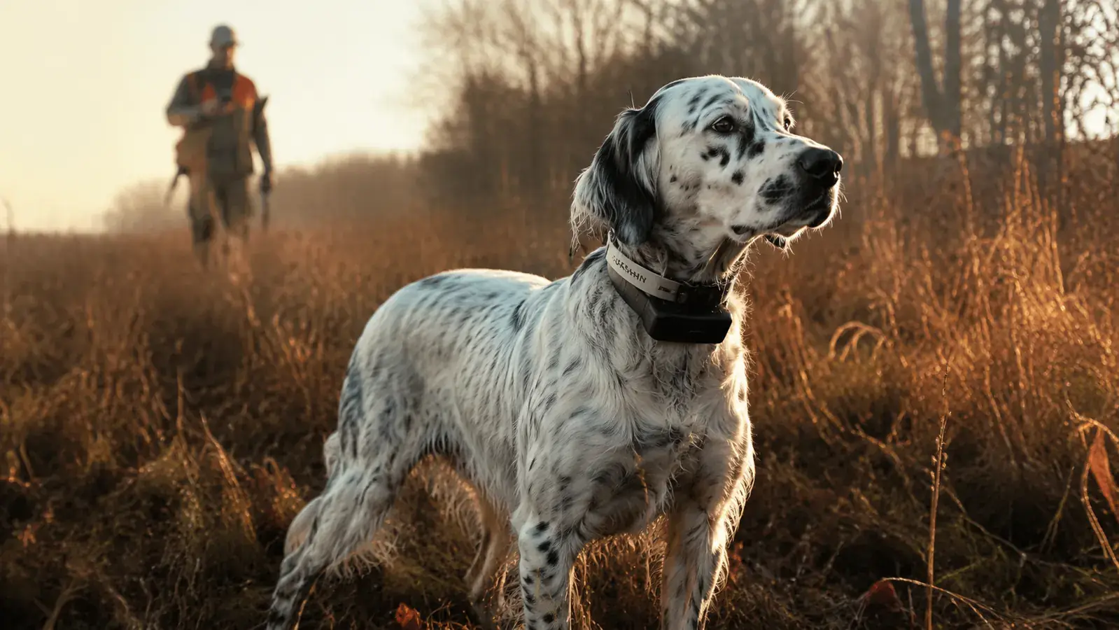 English Setter wearing a Garmin GPS collar pausing at a field edge at dawn, handler visible in background