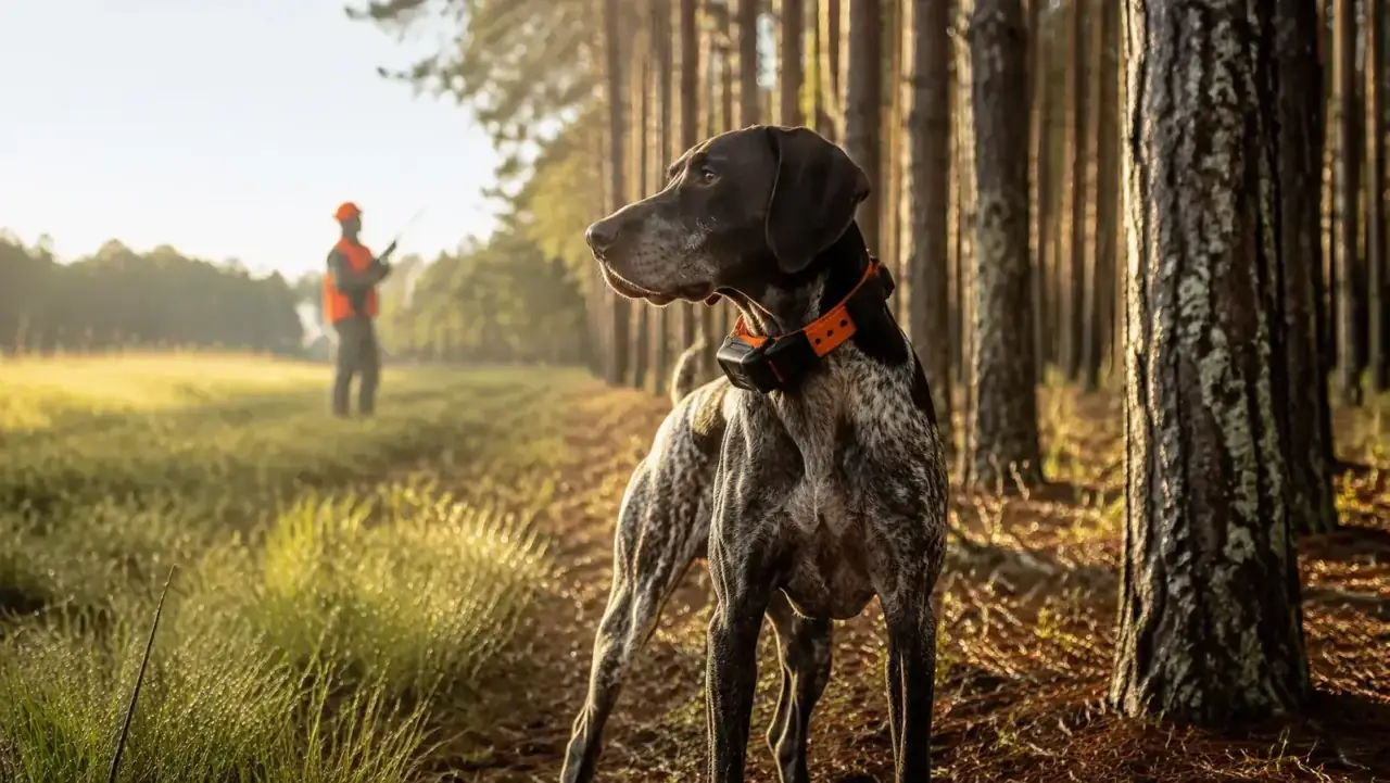 German Shorthaired Pointer wearing a Garmin GPS collar standing in an open meadow at the edge of a pine forest in morning light