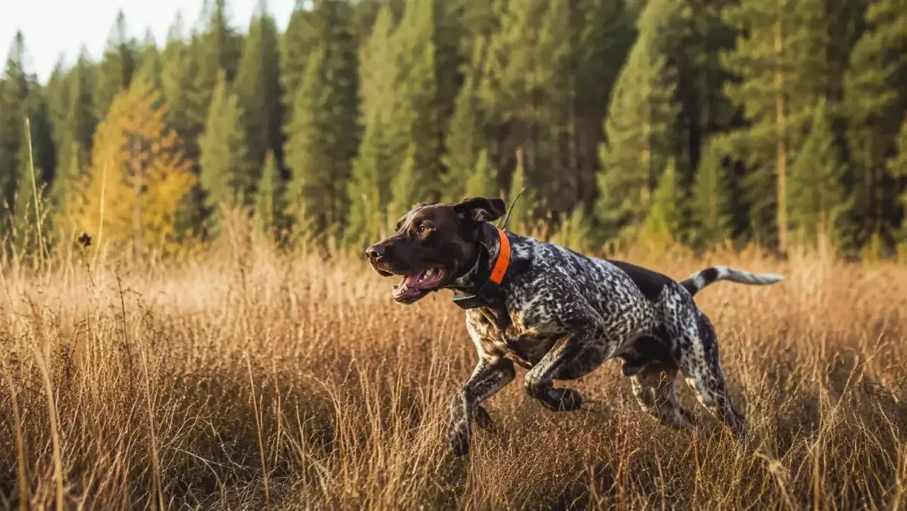 A hunting dog wearing a Garmin GPS collar runs through tall grass at the edge of a forest with no visible cell towers