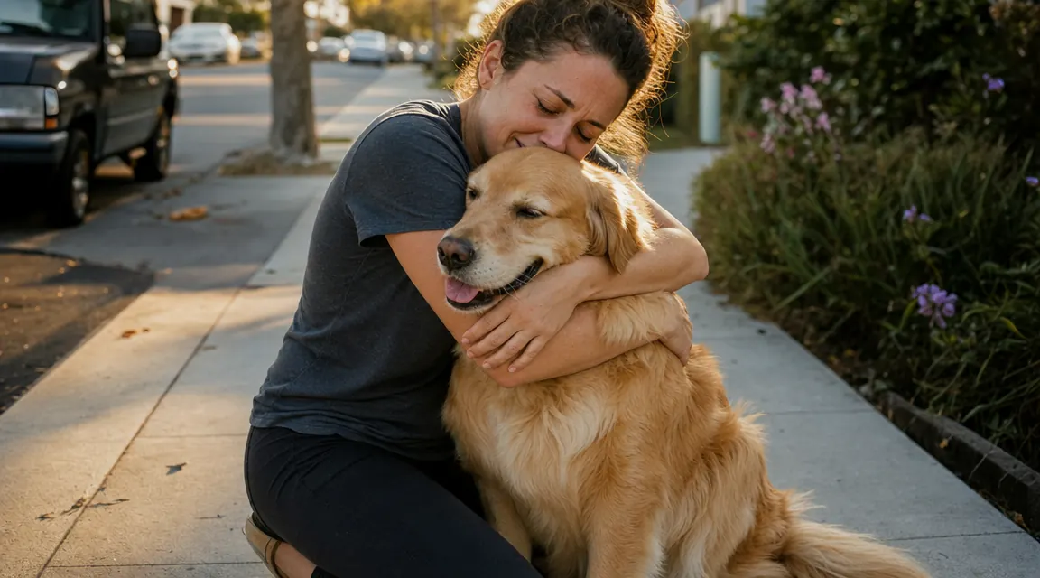 Woman kneeling on a sidewalk hugging a golden retriever, relief visible on her face
