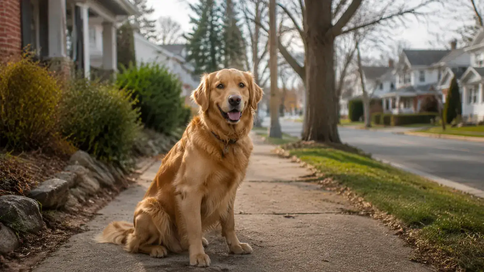 A golden retriever sitting on a suburban sidewalk on a sunny afternoon, looking alert