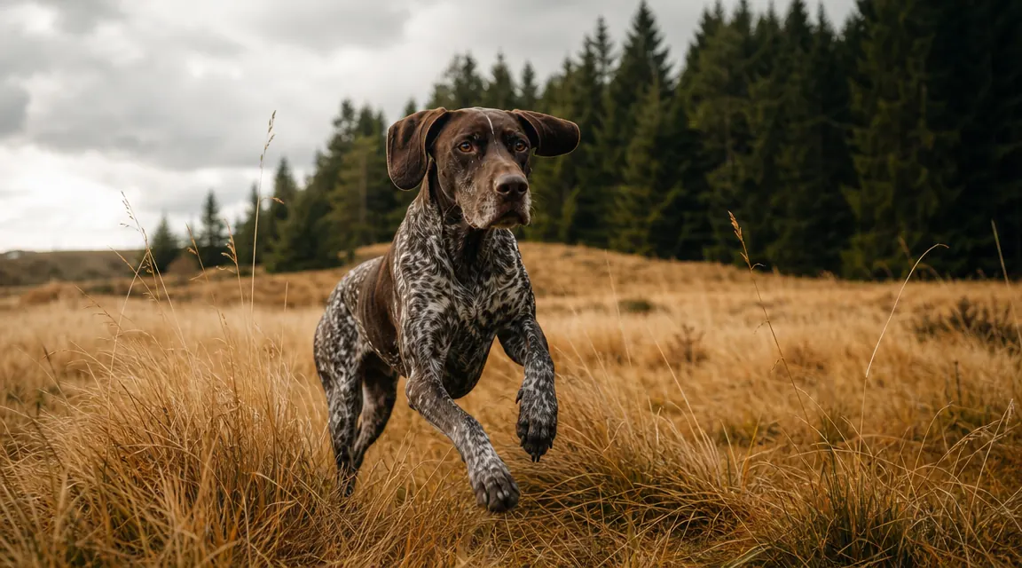 German shorthaired pointer running through tall grass at the edge of a pine forest on a gray November morning