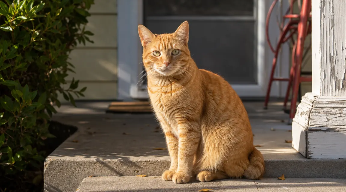 Tabby cat curled on a porch step near a garden, soft afternoon light