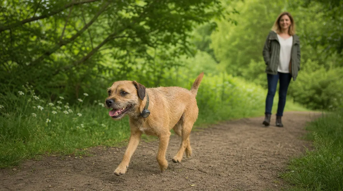 Dog wearing a GPS collar trotting through a park while the owner watches from a distance