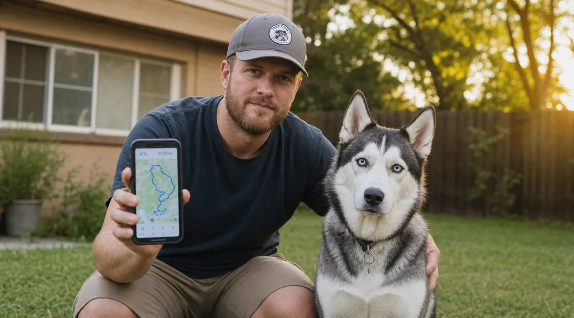 Dog owner kneeling beside a husky in a backyard, checking a phone showing a live GPS map of the dog's location