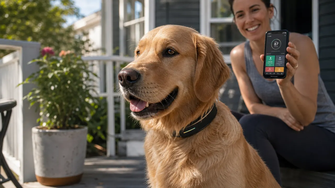 Golden retriever wearing a smart GPS collar sitting on a sunny back porch while an owner checks a phone app showing health stats