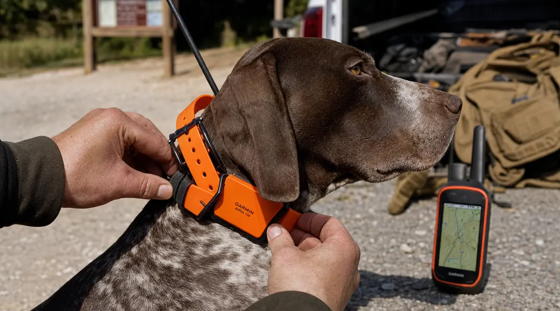 Close-up of Garmin Alpha T 20 GPS collar being buckled around a Vizsla's neck, hunter's hands adjusting the fit