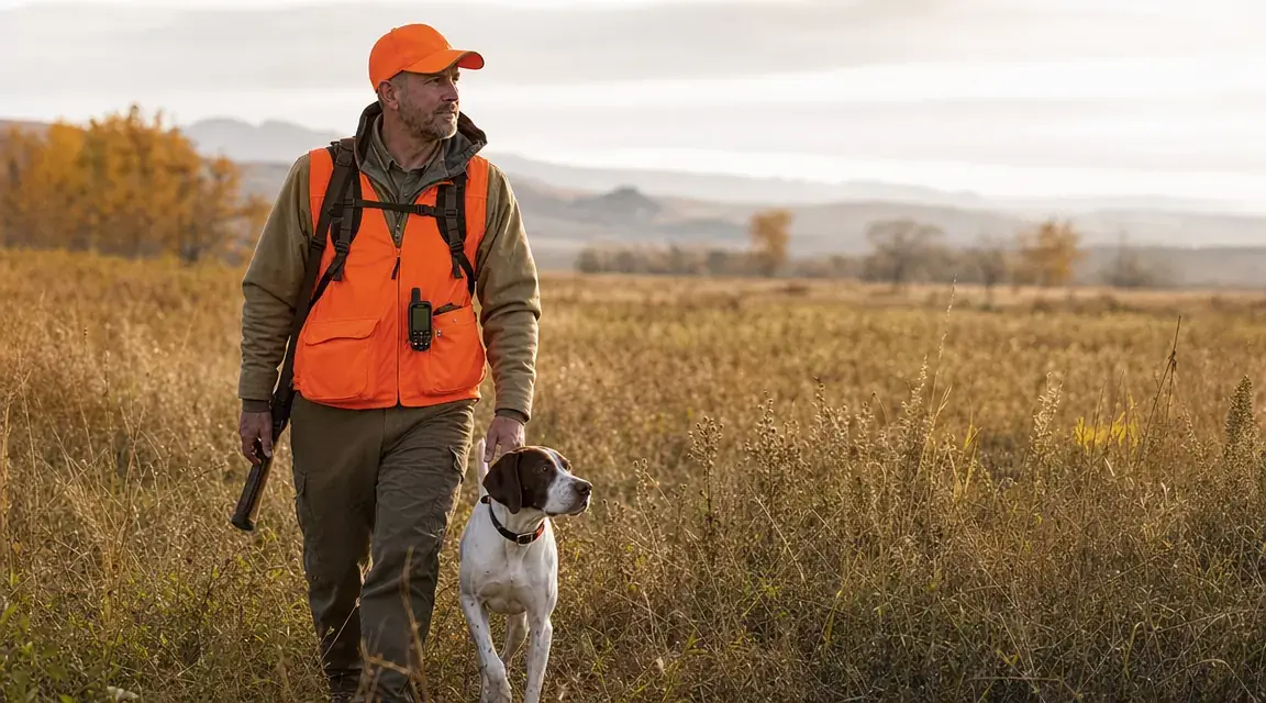 Hunter with pointer dog in open field, autumn morning light, handheld GPS device visible in hunter's hand
