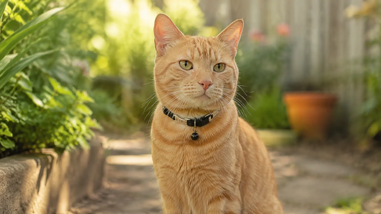 Orange tabby cat wearing a lightweight blue breakaway collar in a sunny backyard garden, looking toward the camera
