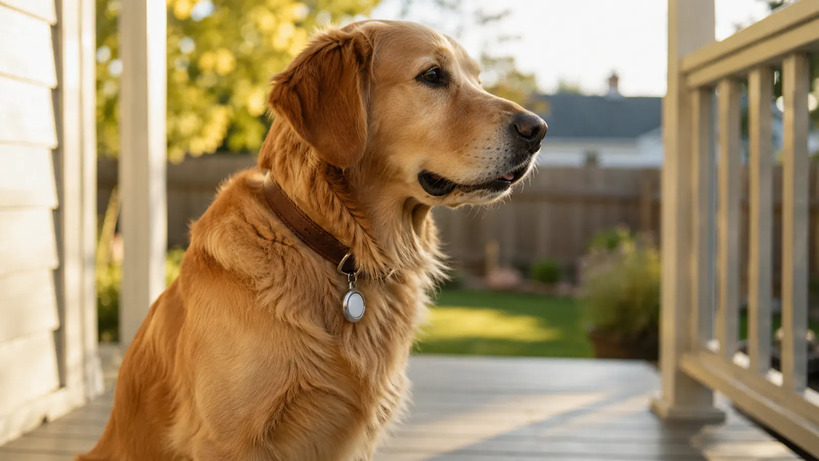 Golden retriever wearing a collar with a small round AirTag holder in a sunny backyard