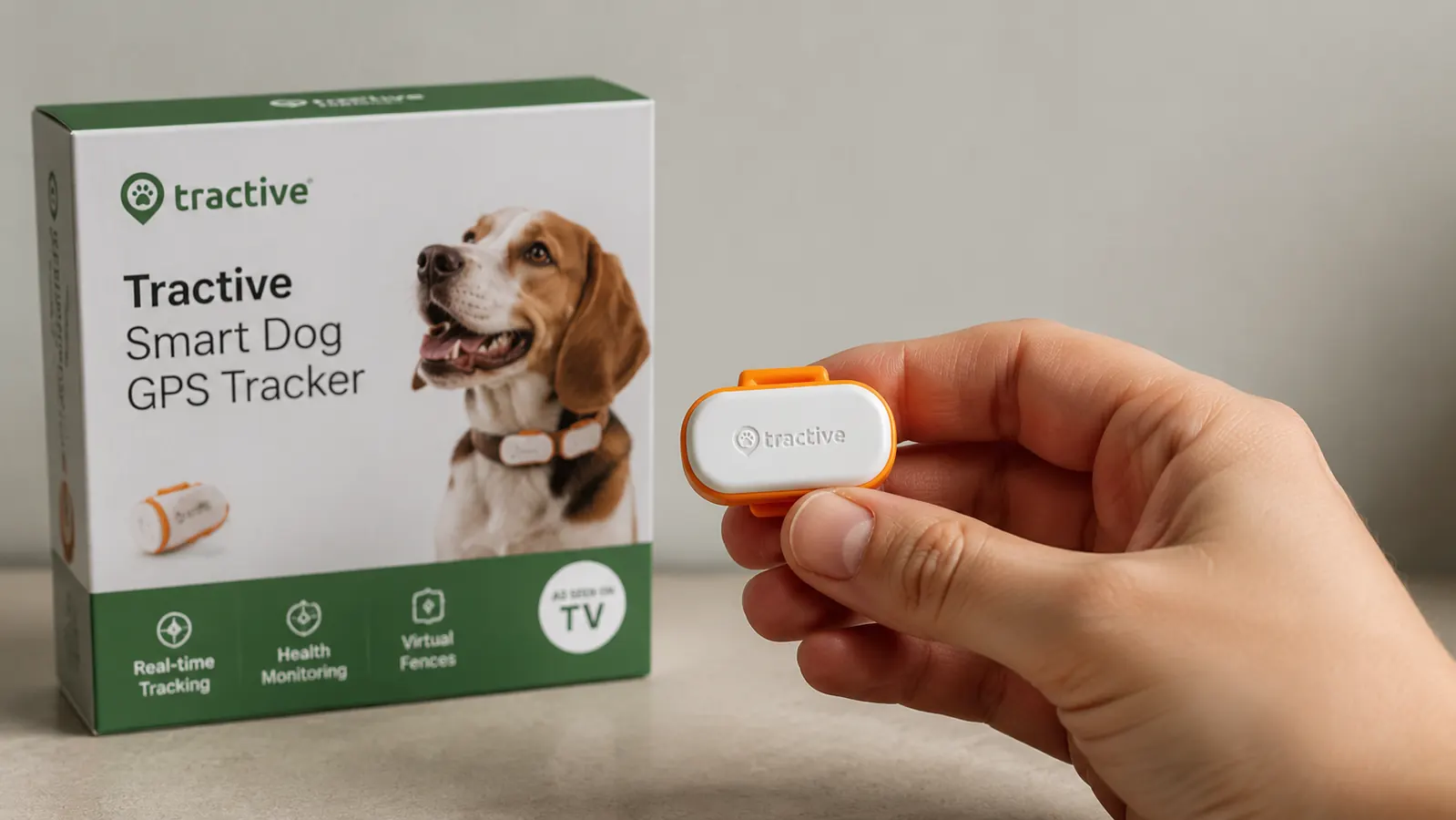 Person holding a Tractive GPS dog tracker in their hand, small orange device with a collar clip