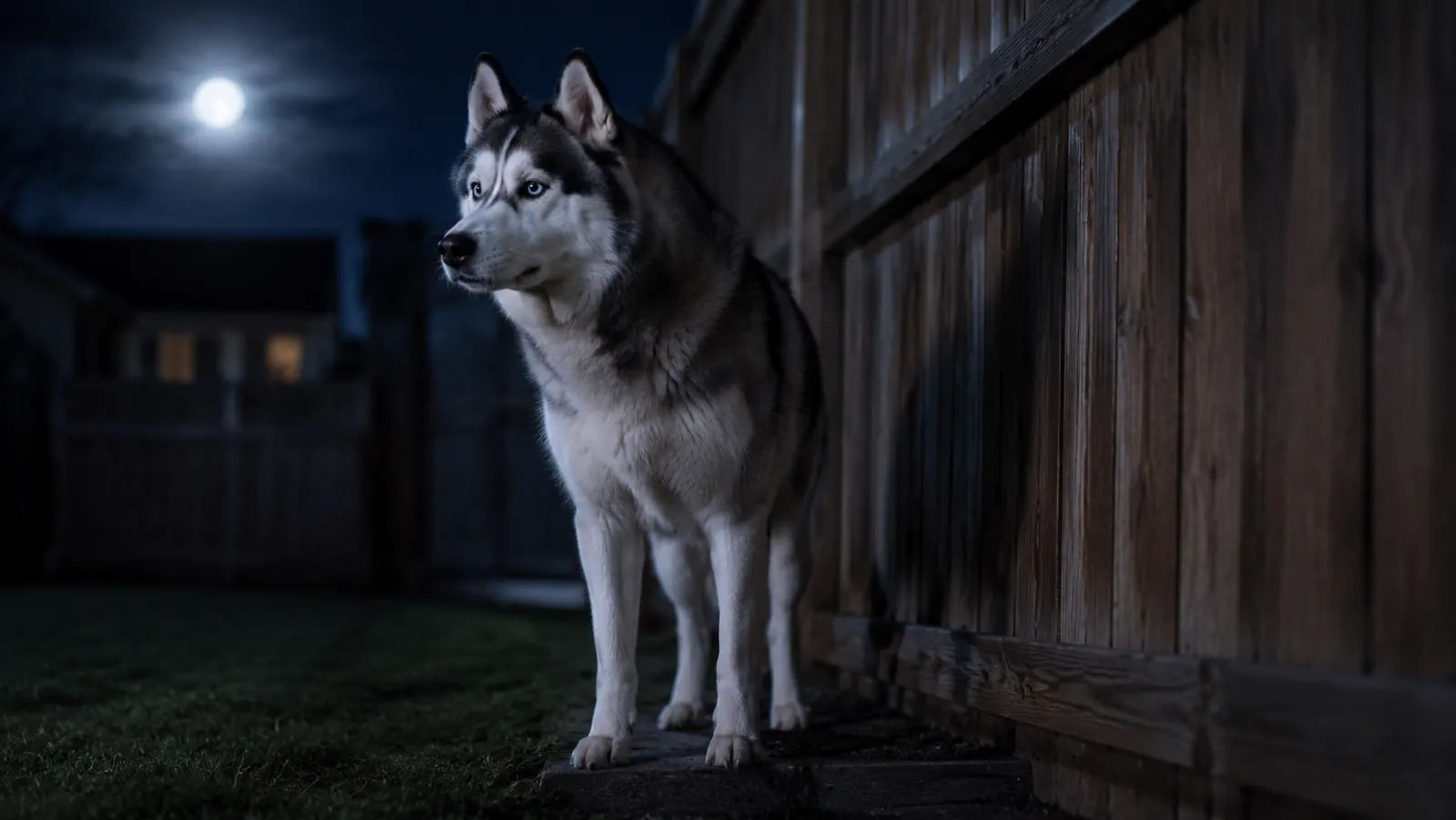 A Siberian husky standing in a dark backyard near a wooden fence, moonlight casting soft shadows on the grass