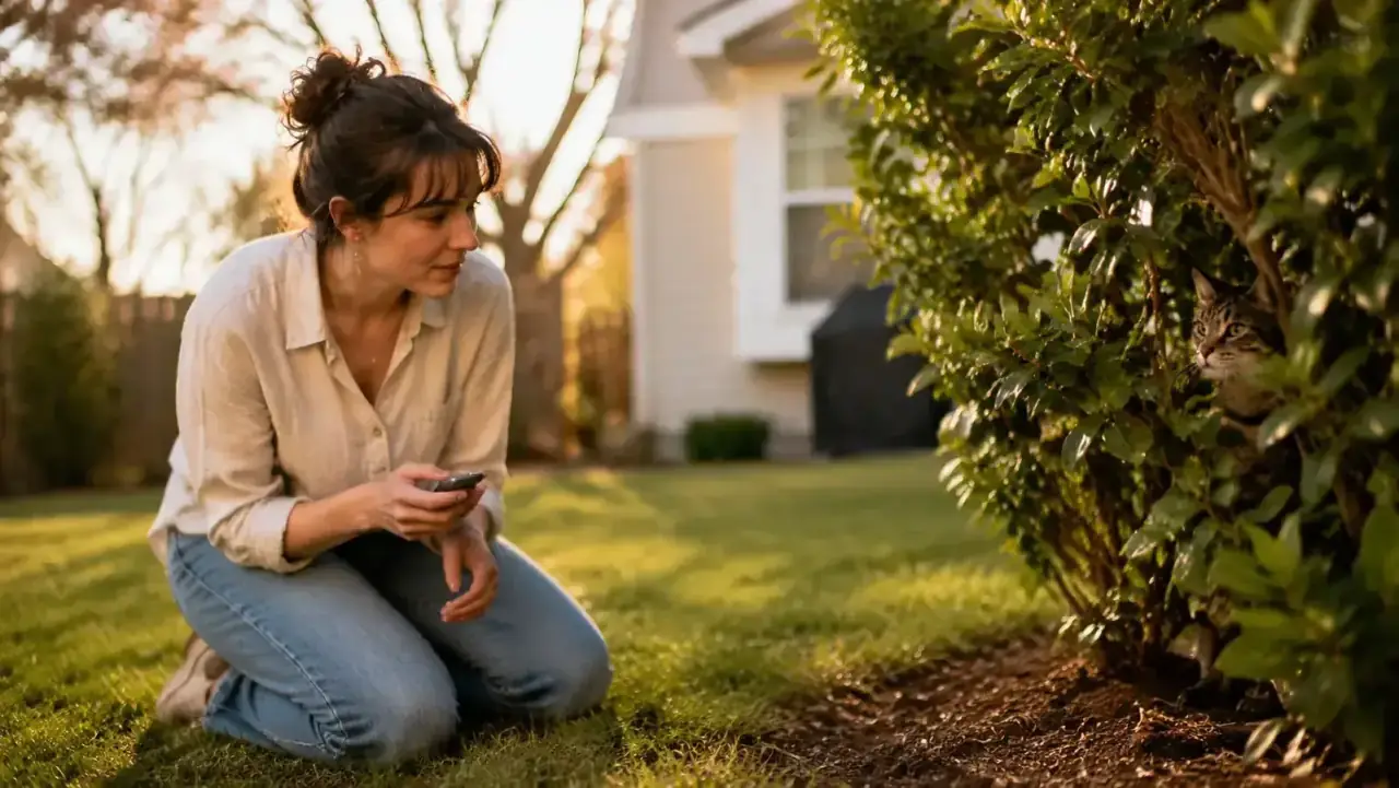 Cat owner kneeling in a backyard following the Tabcat locator toward a cat hiding under a bush