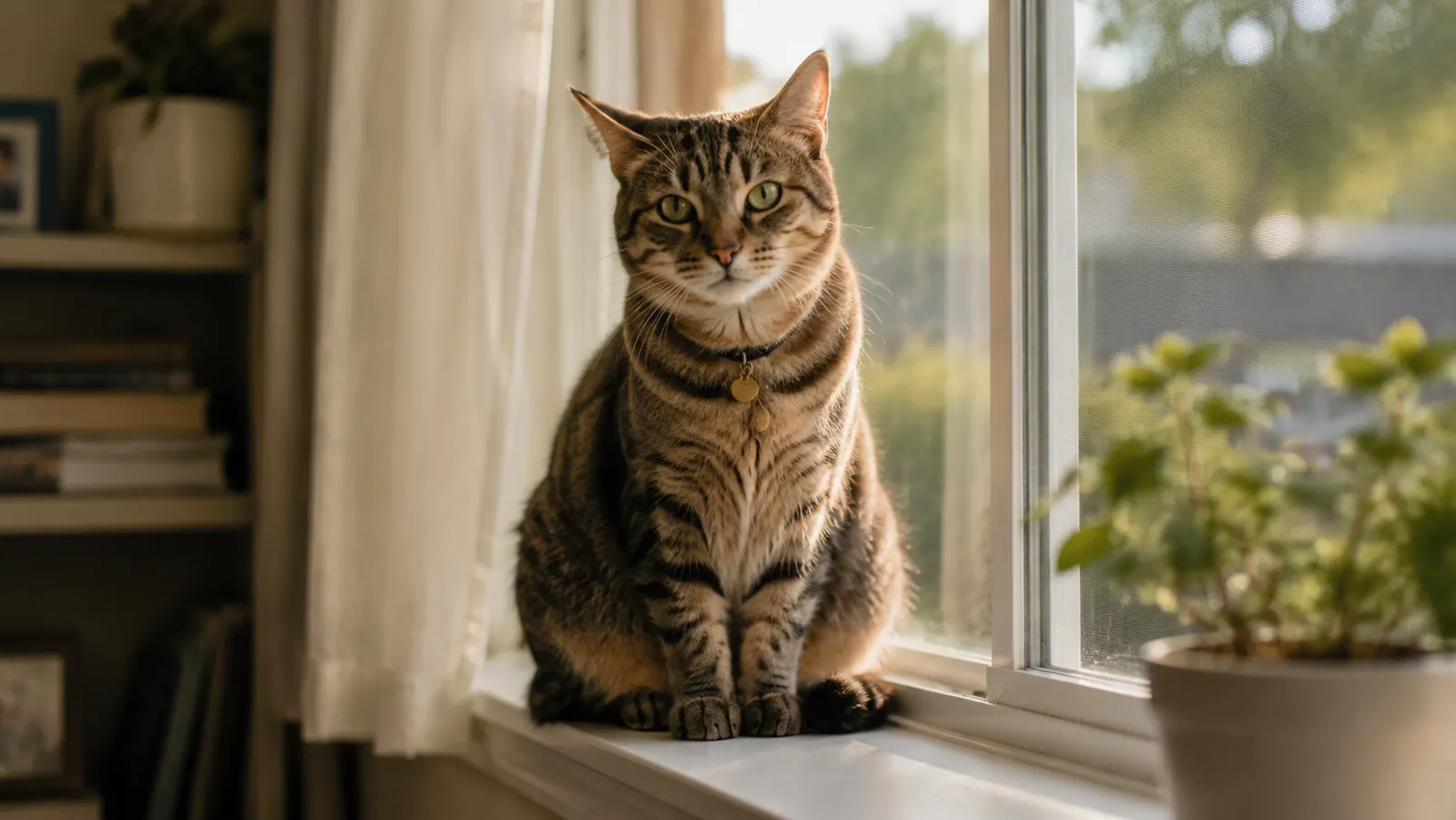 Tabby cat wearing a small lightweight tracker tag on a breakaway collar, resting on a sunny windowsill