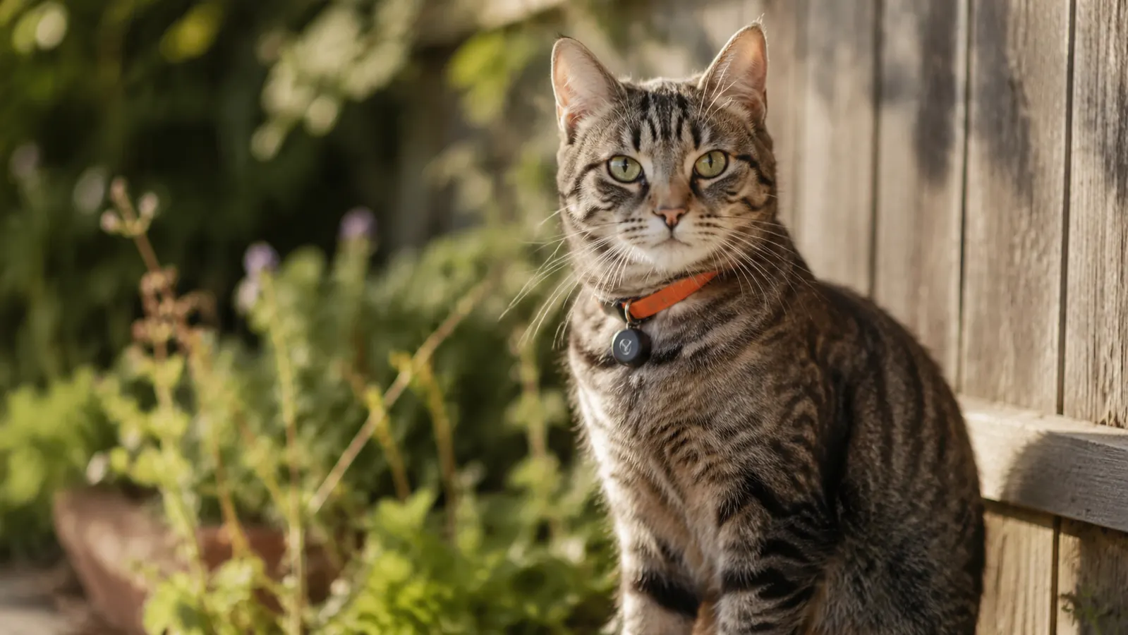 Tabby cat sitting near a garden fence with a small orange Tabcat tag visible on her breakaway collar