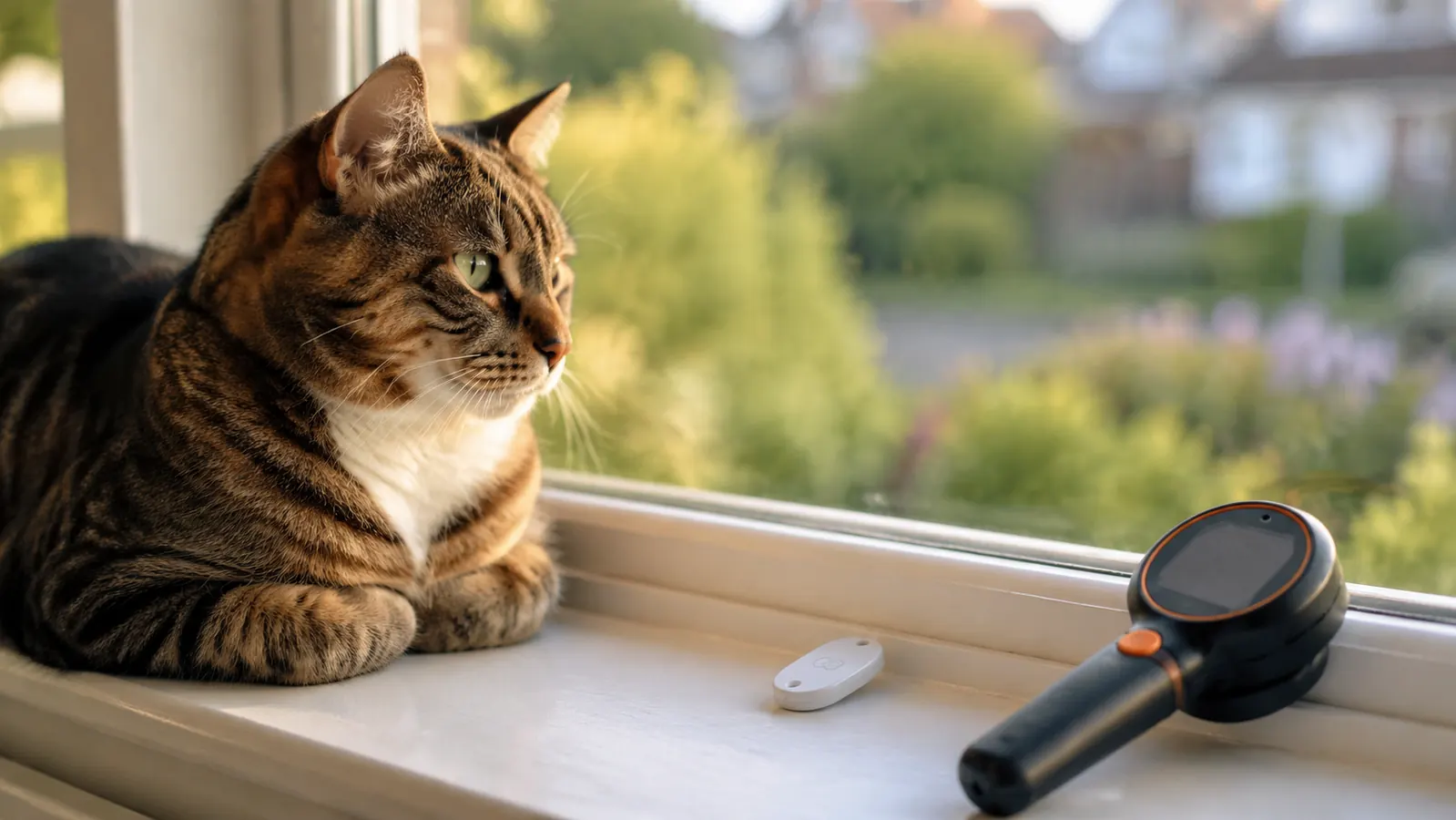 A tabby cat sitting on a windowsill next to a small homing tag and a handheld receiver device