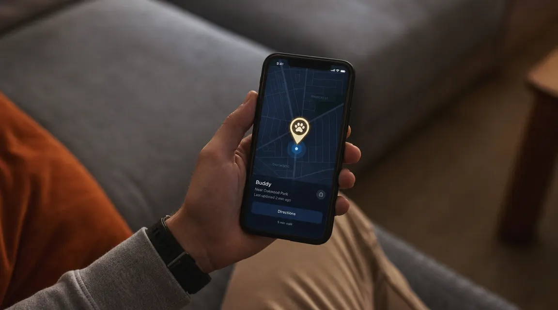 Smartphone screen showing the Tractive app live tracking map with a dog location pin