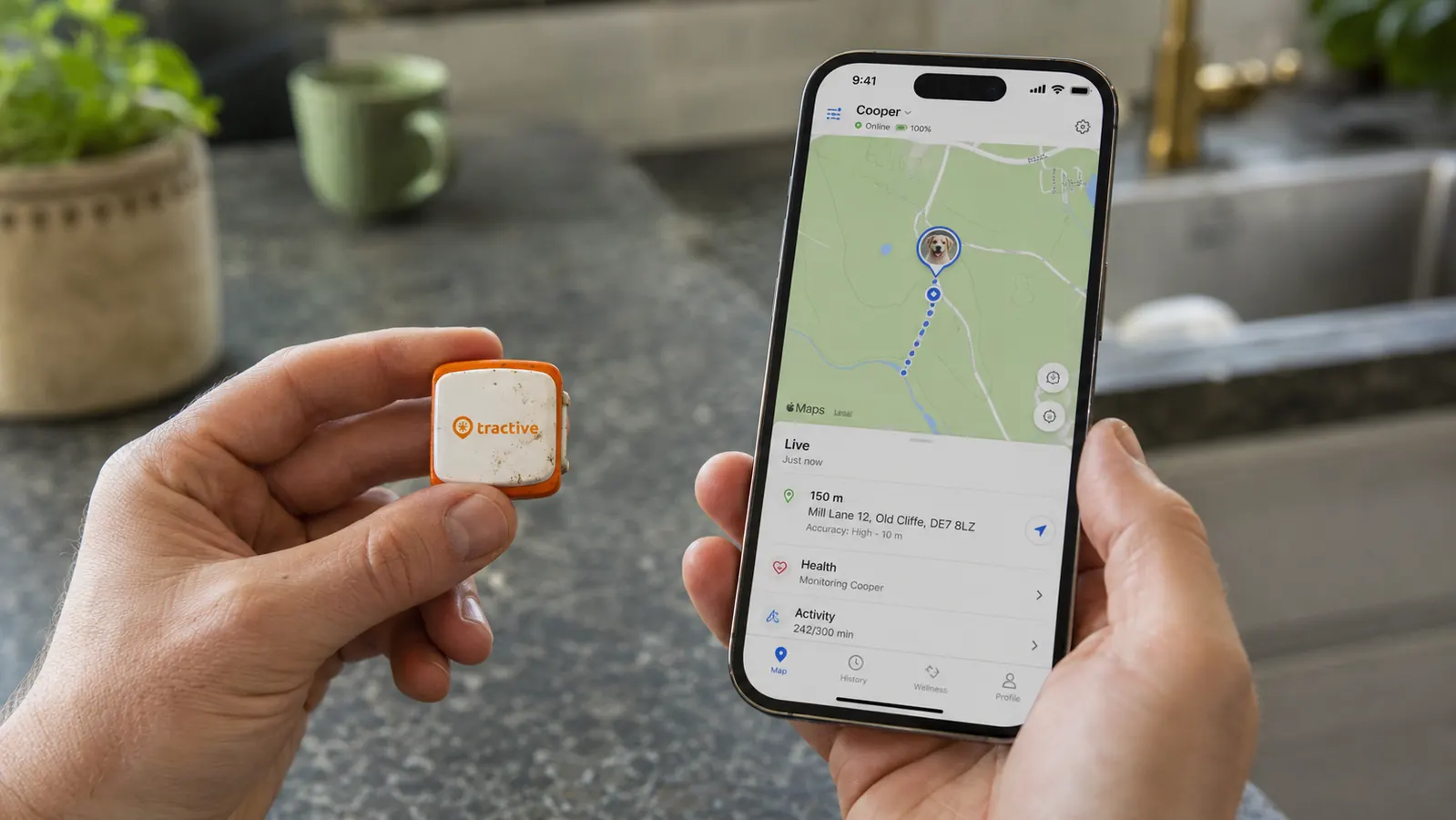 Hand holding a Tractive GPS tracker device next to a smartphone showing the Tractive app live map