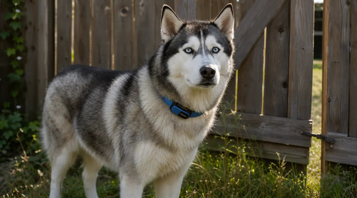 Husky dog wearing a GPS tracker collar standing near a fence gate on a sunny afternoon