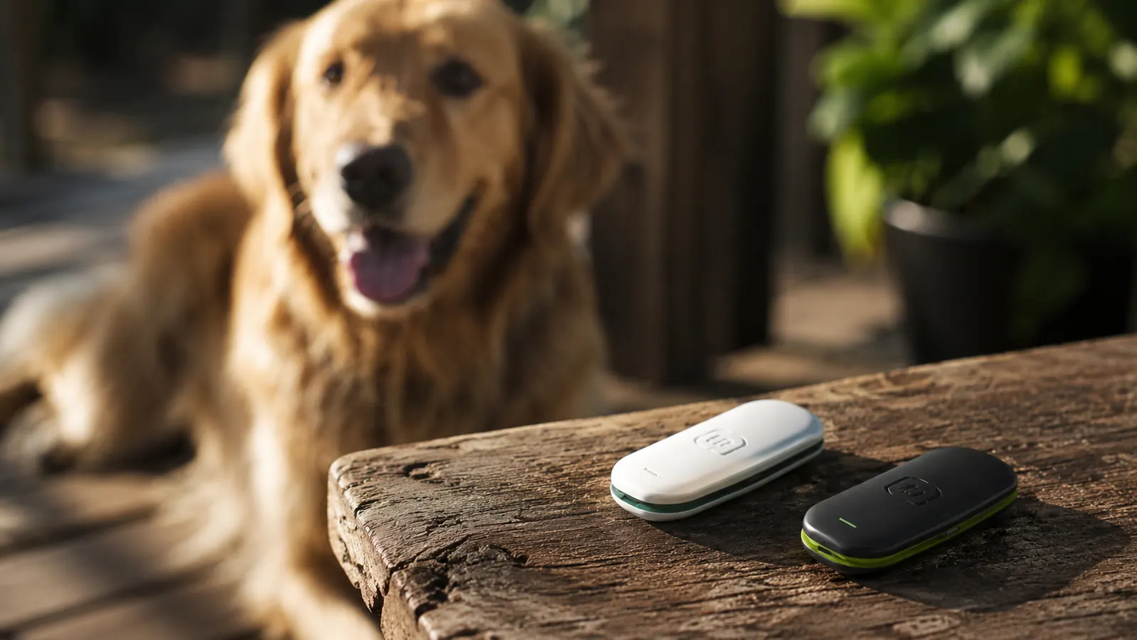 Two GPS dog collar trackers side by side on a wooden table with a golden retriever in the background